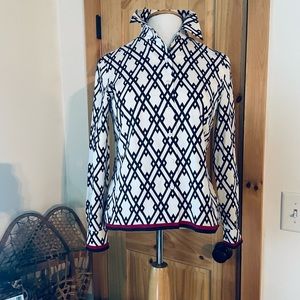 Talbots petites Pure SILK Collared Button Blouse Diagonal Black Red Design